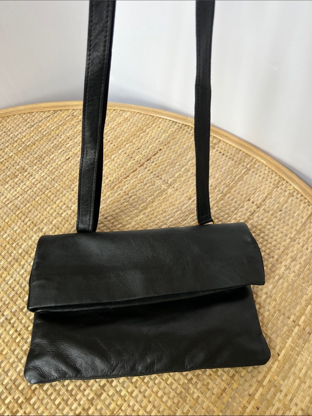 Sseko Designs Black Leather Foldover Convertible Crossbody Shoulder Bag Clutch